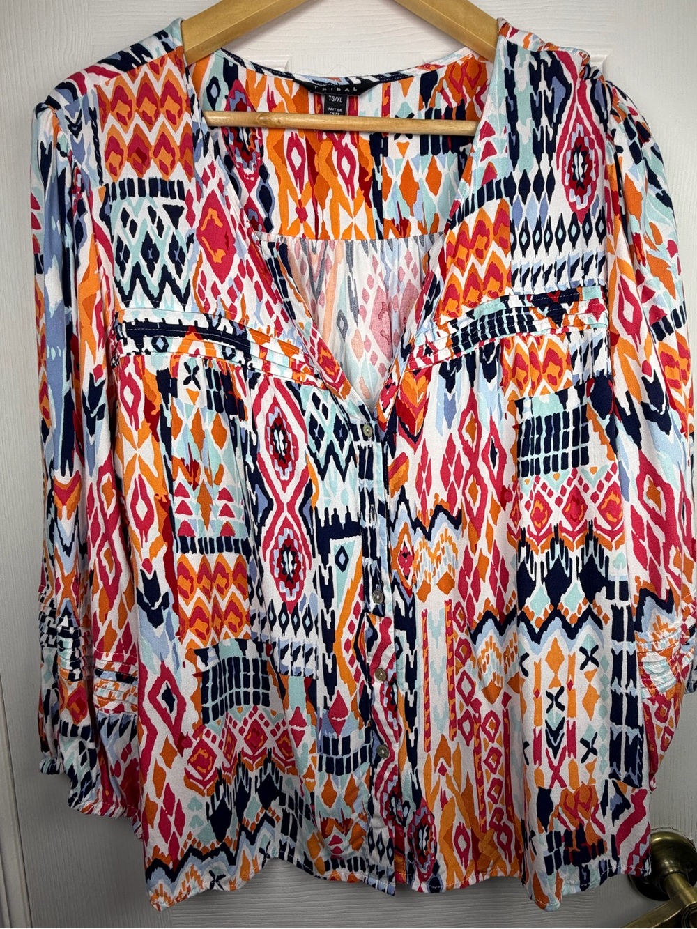 Tribal Multicolor Geometric Tunic Women's XL V-Neck Boho Statement Top Artistic